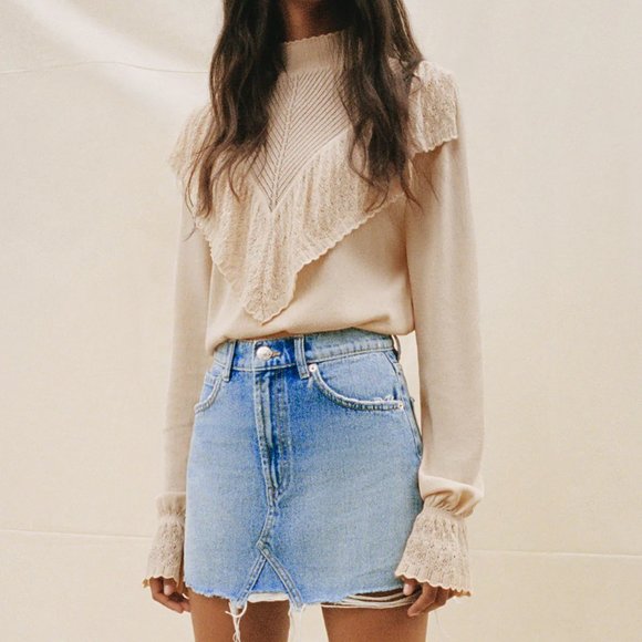 NEW Zara Long Sleeve Ruffled Knit Sweater Cream - Picture 4 of 11